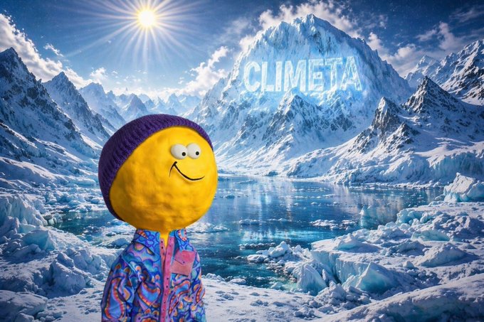 A character wearing a purple beanie and a colorful patterned jacket stands before a majestic icy mountain landscape with "CLIMETA" displayed on a snowy peak, visually representing the charity NFT collection being promoted in the post.