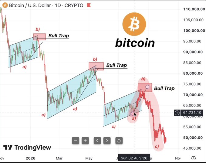A TradingView chart of Bitcoin/U.S. Dollar (BTC/USD) on a 1-day timeframe, marked with technical analysis labels (a, b, c) and three 'Bull Trap' annotations, showing a downtrend with price around $61,721.