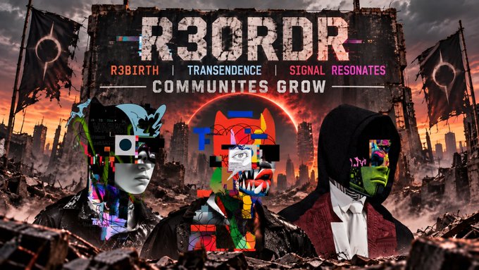 A promotional graphic titled 'R3CORD' with text 'COMMUNITIES GROW' and three glitch-art figures against a post-apocalyptic city backdrop.
