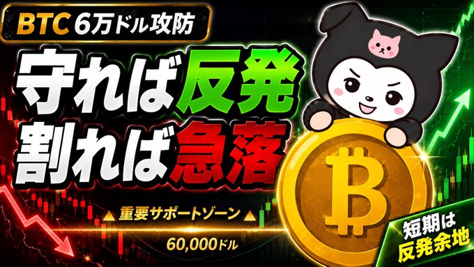 A Japanese-language YouTube thumbnail features a Kuromi-style mascot holding a Bitcoin coin, with text reading "BTC 6万ドル攻防" (BTC $60,000 battle), "守れば反発 割れば急落" (Hold and rebound, break and crash), and "短期は反発余地" (Short-term rebound potential), illustrating the post's message about Bitcoin defending the critical $60,000 support level.