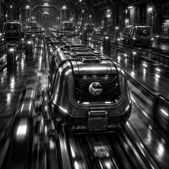 A black and white futuristic image of sleek pod-like vehicles traveling on tracks through an industrial sci-fi setting.