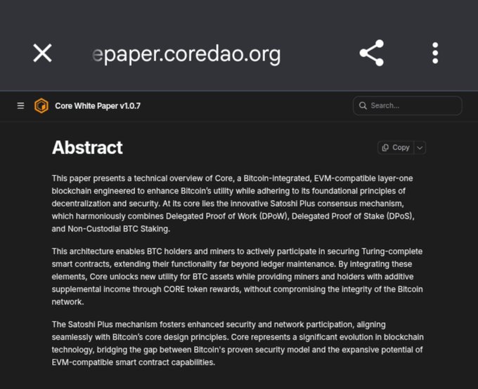 A screenshot of the Core White Paper v1.0.7 abstract from epaper.coredao.org, describing Core as a Bitcoin-integrated, EVM-compatible layer-one blockchain using a Satoshi Plus consensus mechanism.