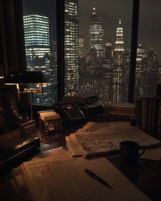 A dimly lit office desk holds a Wall Street Journal newspaper, reading glasses, financial documents labeled 'Morgan Stanley' and 'Solomon Brothers', a vintage telephone, and a coffee mug, with a nighttime city skyline visible through the window.