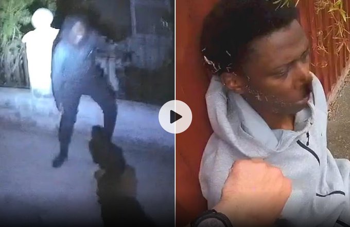 A split-screen video shows a hooded figure on security camera footage (left) and a distressed man held against a wooden surface (right), illustrating the violent crypto kidnapping mentioned in the post about French crypto millionaires tortured for 52 hours in London to extort roughly $30,000 in digital assets.