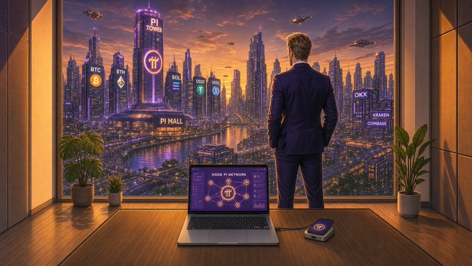 A businessman stands looking out over a futuristic city skyline labeled "PI TOWER" and "PI MALL," with cryptocurrency tickers like BTC, ETH, SOL, USDT, and exchange names such as Kraken, Coinbase, and ONX displayed on holographic billboards, while a laptop showing the "NODE PI NETWORK" and a Pi-branded device sit on the desk before him. The image illustrates the post's point that crypto adoption is quietly taking shape through projects like Pi Network building real-world payment infrastructure, rather than through overt disruption.