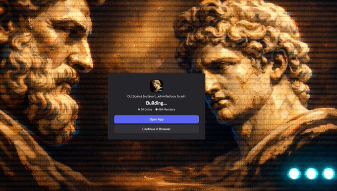A login dialog box for 'OutSource (outsourc_4)' appearing over an image of classical sculpted statues.