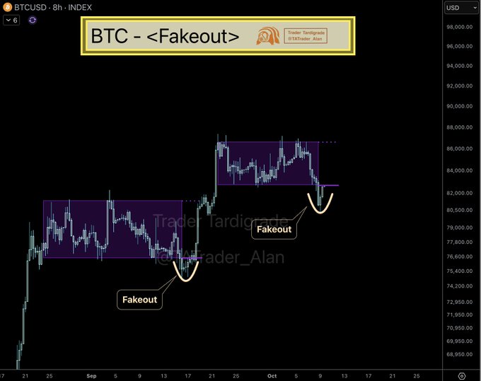 A BTCUSD 8-hour index chart titled "BTC - <Fakeout>" by Trader Tardigrade (@BTrader_Alan) highlights two purple consolidation ranges with arrows pointing to "Fakeout" breakdowns at approximately $74,000 and $82,000, illustrating Bitcoin's pattern of false breakdowns before resuming its upward move.