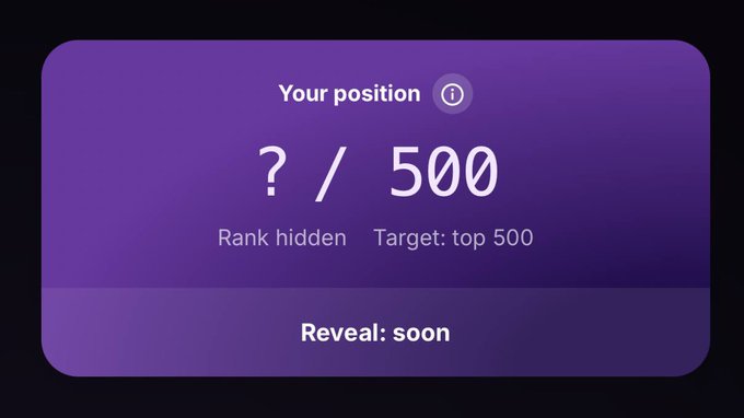 A purple graphic displaying 'Your position ? / 500' with 'Rank hidden', 'Target: top 500', and 'Reveal: soon'.