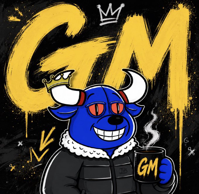 A stylized cartoon illustration of a blue bull character wearing a small golden crown, holding a black mug labeled 'GM', with large yellow 'GM' graffiti text and a crown icon in the background.
