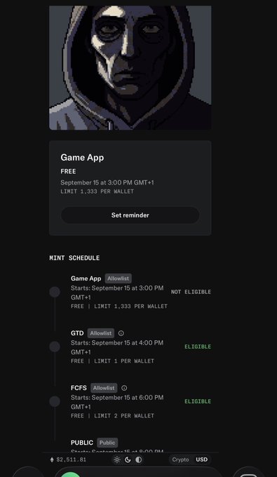 A mobile screen showing an NFT mint schedule for 'Game App' starting September 15 at 3:00 PM GMT+1, with different phases for GTD, FCFS, and PUBLIC minting, featuring an illustration of a hooded figure.
