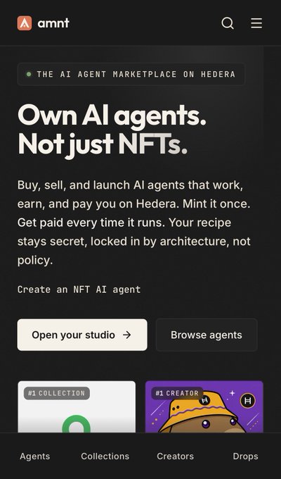 A mobile screenshot of the amnt app website promoting AI agents on Hedera, with the tagline 'Own AI agents. Not just NFTs.' and buttons to open a studio or browse agents.