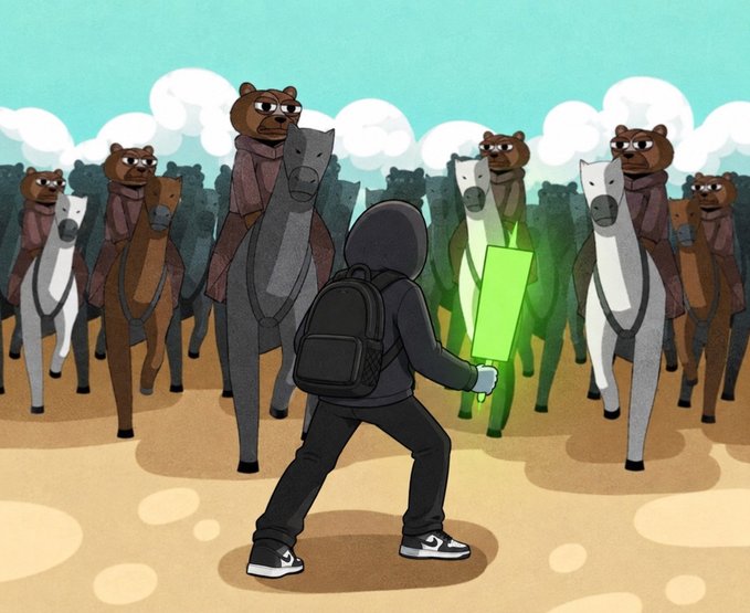 The image depicts a lone figure wielding a glowing green sword, standing in a battle stance against an army of armored bear riders on horseback, symbolizing a single determined warrior facing overwhelming odds. This visual metaphor relates to the $CATE community's rallying call, suggesting that despite being a smaller contender, their unified community of 120,000 holders has the strength to take on the broader crypto market with new incentives to hold and trade on Pumpfun.