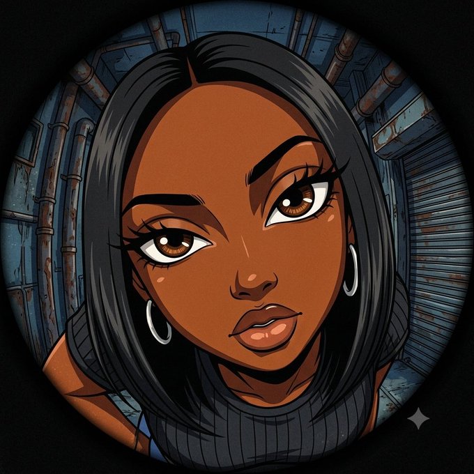 A stylized cartoon portrait of a young woman with dark skin, long black hair, large brown eyes, hoop earrings, and a black top, set against an industrial pipe background in a circular frame.