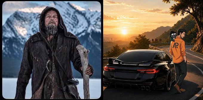 A split image features a rugged, bearded man in tattered winter clothing holding a wooden staff against a snowy mountain backdrop on the left, and an animated character in an orange hoodie standing next to a black sports car on a sunset road on the right.