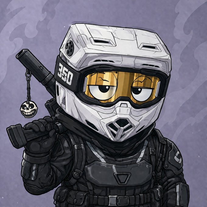 Anime-style illustration of a chibi character wearing a white tactical helmet marked '350' with gold reflective visor, black combat gear, holding a rifle with a skull keychain dangling from it.
