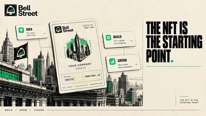 A promotional banner for 'Bell Street' featuring a digital NFT card design with text 'THE NFT IS THE STARTING POINT' and 'BUILD / GROW / HIGHER'.