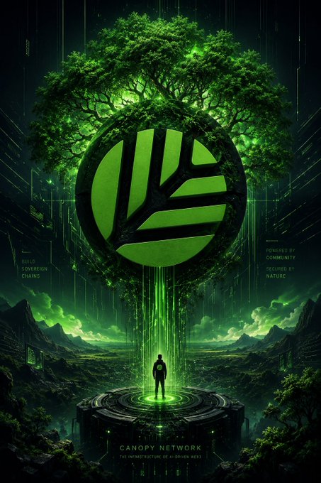 A figure stands on a glowing platform before a massive green tree merging into a circular logo, with the text "Canopy Network," "Built on Sovereign Chains," "Powered by Community, Secured by Nature," and "The Infrastructure of AI-Driven Web3" framing the scene. The artwork visually reinforces the post's message by depicting Canopy as a natural, unified ecosystem that contrasts with the fragmented, heavy setup of traditional blockchain development.