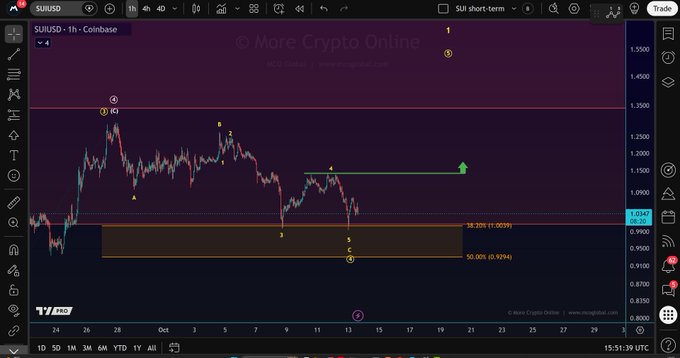 A TradingView 1-hour candlestick chart of SUI/USD on Coinbase displays an Elliott Wave count overlaid on price action, with numbered wave labels (1, 2, 3, 4, 5 and A/B/C subdivisions) tracking a corrective structure that has retraced into a highlighted Fibonacci support zone between 1.0039 (38.20%) and 0.9294 (50.00%), with a green arrow projecting a potential wave 5 advance above $1.14 toward the 1.20–1.25 area.