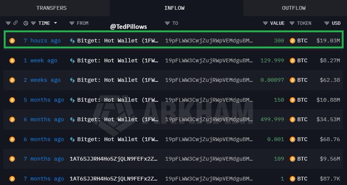 The image shows a transaction from "Bitget: Hot Wallet" to "@TedPillows" for 300 BTC valued at $19.03M, which directly supports the accompanying post about a significant Bitcoin purchase.