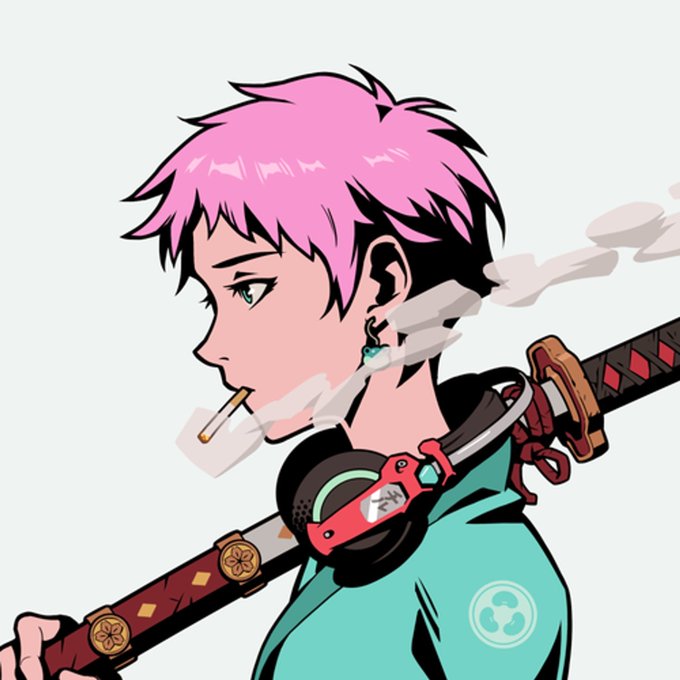 An anime-style drawing of a person with pink hair, smoking a cigarette, wearing headphones and carrying a katana with a logo on their shirt.