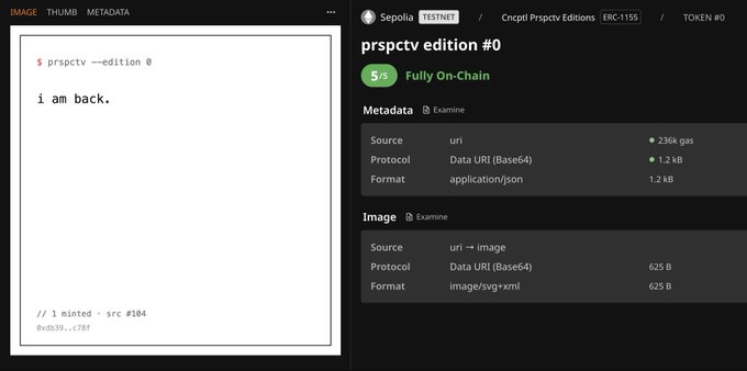 A screenshot of an NFT platform showing 'prspctv edition #0' by Sepolia TESTNET, displaying code that reads '$ prspctv --edition 0' and 'i am back.', along with metadata indicating it is Fully On-Chain with source as URI.
