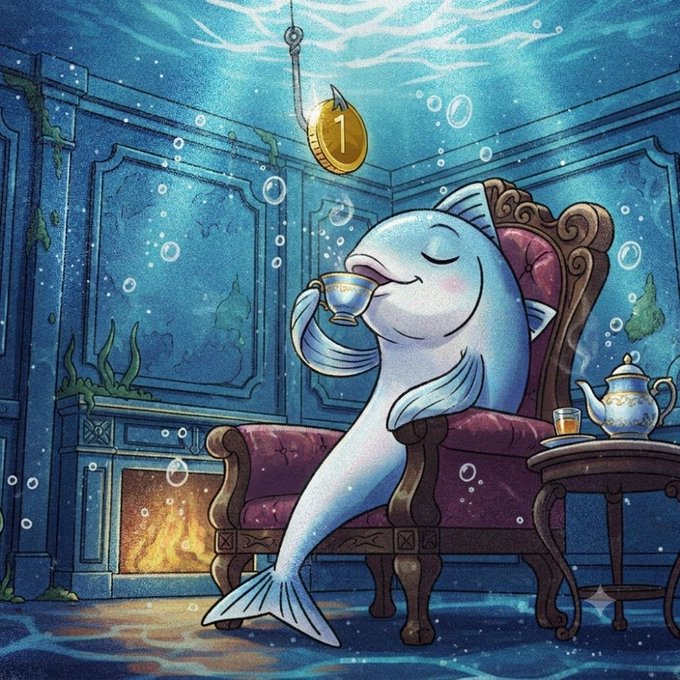 A whimsical dolphin lounges in an armchair underwater, sipping tea as a gold coin marked "1" dangles above—evoking the leisurely, viral charm of meme culture, where a single coin can symbolize how community-driven projects transcend fleeting hype to build lasting identity.