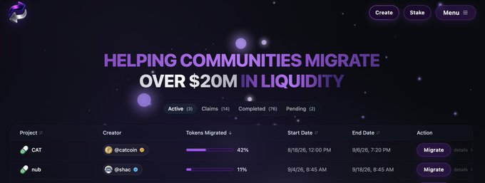 A digital dashboard titled 'HELPING COMMUNITIES MIGRATE OVER $20M IN LIQUIDITY' showing token migration statistics with entries for 'CAT' (42%) and 'nub' (11%) projects.