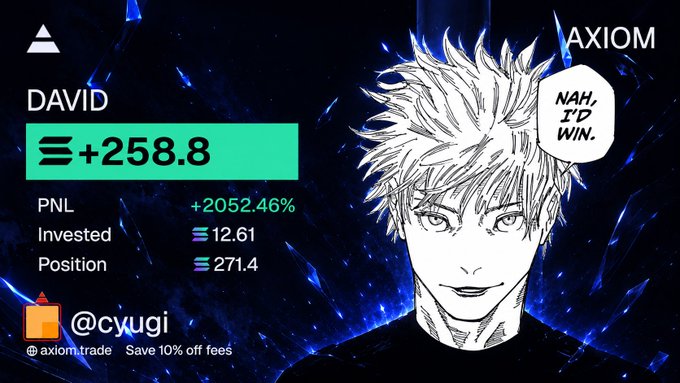 An Axiom trading profile for "DAVID" (@cyugi) shows a PNL of +2052.46% with a position value of 271.4 and $258.8 invested, featuring an anime-style character with spiky white hair stating "NAH, I'D WIN." The caption "wake up it's the first of the month!" aligns with the impressive monthly trading gains displayed on the profile.
