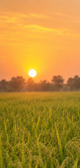 A golden sunset with a glowing sun hanging low above a tree line, casting warm orange light over a lush green rice field.