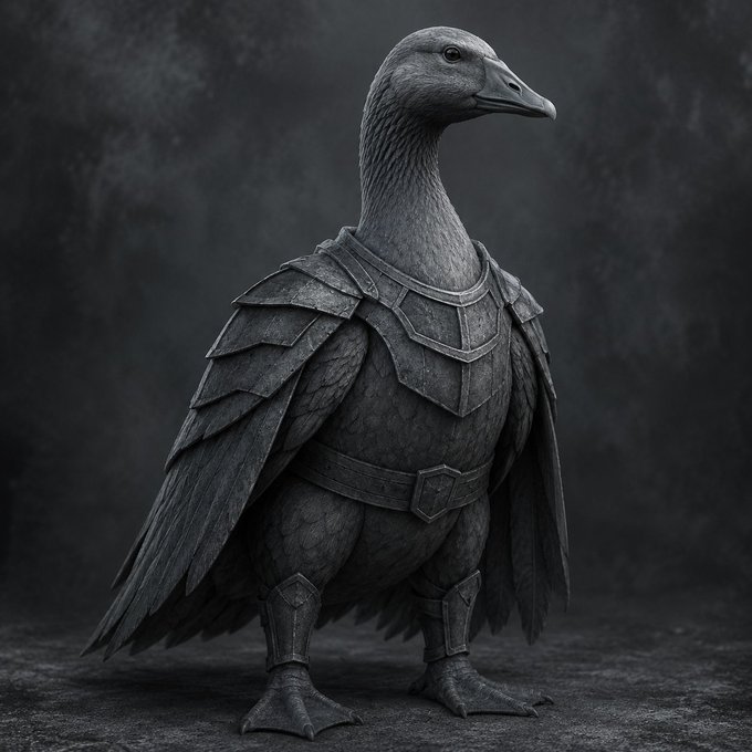 Dark, stylized portrait of a large black bird standing upright and wearing medieval-style plate armor including a breastplate and shoulder guards.