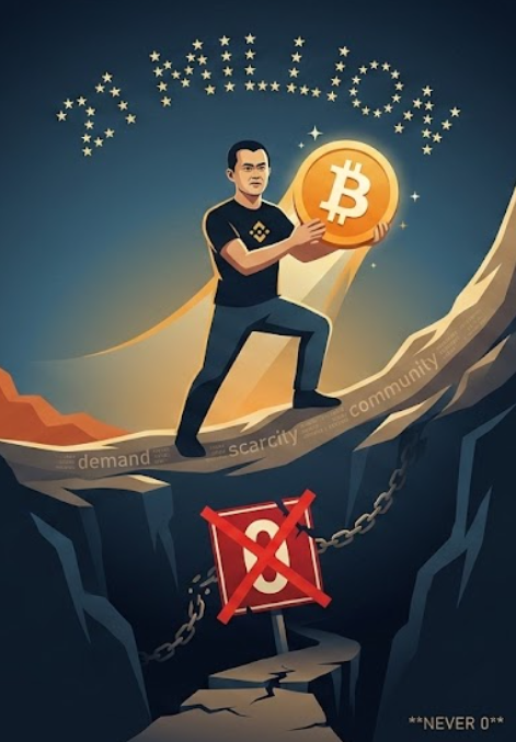 A man stands on a cliff edge holding up a Bitcoin coin, with the text "demand," "scarcity," and "community" inscribed along the rock, while a crossed-out banknote below is chained to the cliff, symbolizing Bitcoin's resilience and the "**NEVER 0**" message defending it against predictions of its demise.