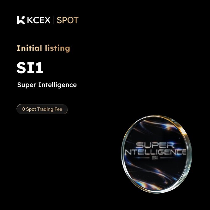 A promotional graphic for KCEX Spot exchange announces the initial listing of 'SI1 Super Intelligence' token with '0 Spot Trading Fee' and a circular metallic SI logo.