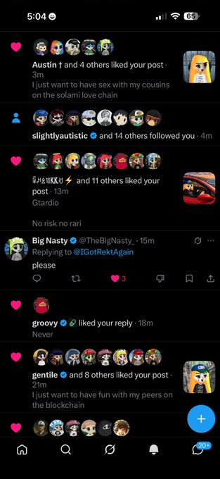 A screenshot of an Instagram notifications feed showing various likes, follows, and comments from users including 'Austin', 'slightlyautistic', and 'Big Nasty', with one post reading 'I just want to have sex with my cousins on the solami love chain'.