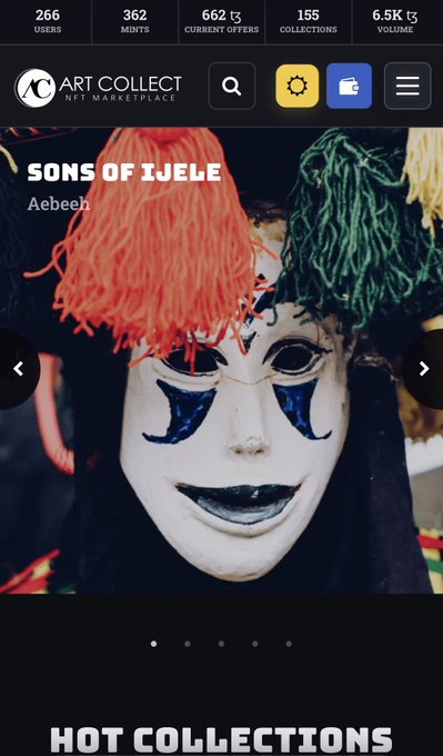 Mobile screenshot of the ART COLLECT NFT marketplace displaying the 'SONS OF IJELE' collection by Aebeeh.