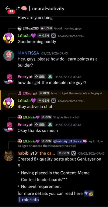 A Discord chat log in the 'neural-activity' channel where users like @GoatXII3, Encrypt, and habibiiyt31 discuss earning points and obtaining roles, with a message detailing the 'Neurocreative' role requirements including 8+ quality posts and contest participation.