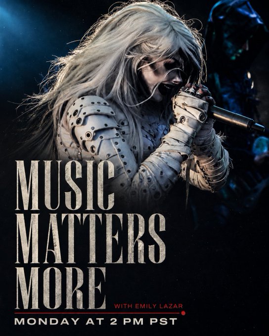 A promotional image for a show titled 'MUSIC MATTERS MORE' with Emily Lazar, airing Monday at 2 PM PST, featuring a performer with long white hair singing into a microphone while wearing a studded white outfit.