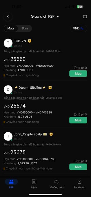 A mobile screenshot of a Vietnamese P2P cryptocurrency trading app showing USDT buy offers from sellers including 'TCB-VN' (VND 25660), 'Dteam_SiêuTốc' (VND 25674), and 'John_Crypto scalp' (VND 25675).