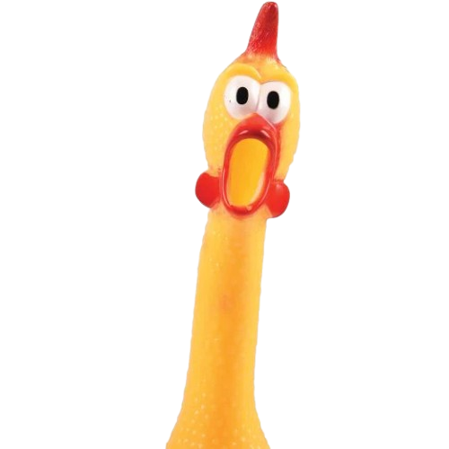 A novelty rubber chicken toy with a wide-open beak and bulging eyes, appearing to "squeak" — fitting the post "Squeezing on my dave rn," which references playfully squeezing a squeaky rubber chicken (likely named Dave).