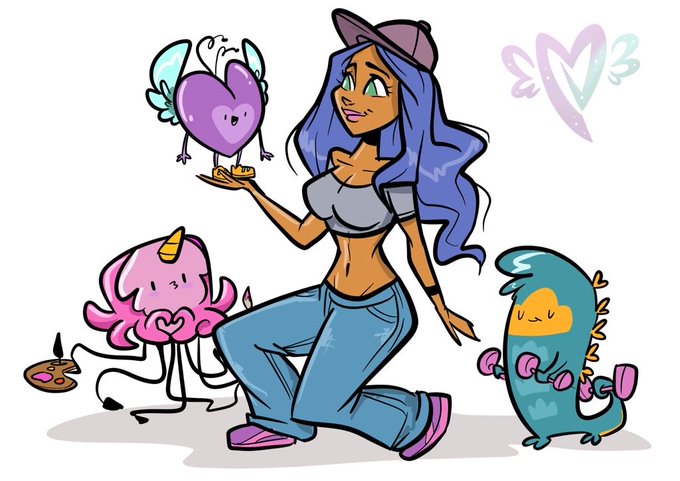 A colorful cartoon illustration of a blue-haired woman in a cap and crop top kneeling while holding a small winged heart creature, accompanied by a pink unicorn-like character and a teal creature, with an 'EM3' heart logo.