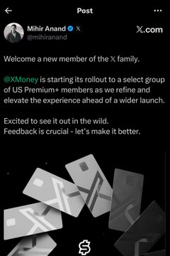 Mihir Anand announces X Money's rollout to select US Premium+ members, shown alongside several credit card graphics bearing the X logo.