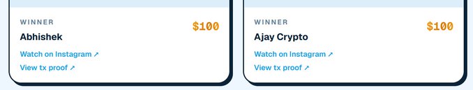 Two digital cards showing giveaway winners: 'Abhishek' and 'Ajay Crypto', each winning $100, with links to 'Watch on Instagram' and 'View tx proof'.