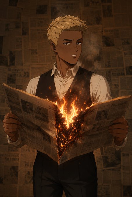 A young man in a vest reads a newspaper with a flaming heart emerging from its burning pages, set against a backdrop of newspaper-print walls. The fiery, burning paper serves as a metaphor for the post's message—suggesting that neglecting privacy from the start can cause sensitive data to literally "go up in flames," reinforcing the argument that privacy should be a foundational element rather than an afterthought.