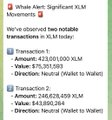 The image shows a "whale alert" notification from Whale Alert: Significant XLM Movements, indicating two notable transactions totaling over $17.35 million in XLM, with directions to and from Bittrex and another wallet. This aligns with the post about Stellar (XLM) overtaking Ethereum in government debt tokenization, highlighting a significant large-scale movement of XLM tokens that could reflect growing institutional activity in the Stellar network.