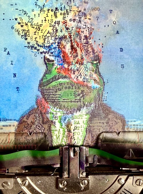 A colorful mixed-media collage combining a cat illustration with typewriter paper and scattered letters and numbers, showing the cat emerging from a typewriter.