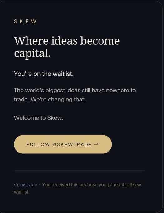A welcome email from Skew with the tagline 'Where ideas become capital,' notifying the recipient they are on the waitlist, with a 'FOLLOW @SKEWTRADE' button.