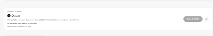 A screenshot of the Daily KALOS rewards panel showing "No unclaimed daily rewards on this page," indicating the user has not yet earned enough points to claim any $KALOS tokens, despite the post's claim that top point collectors can claim partner tokens.