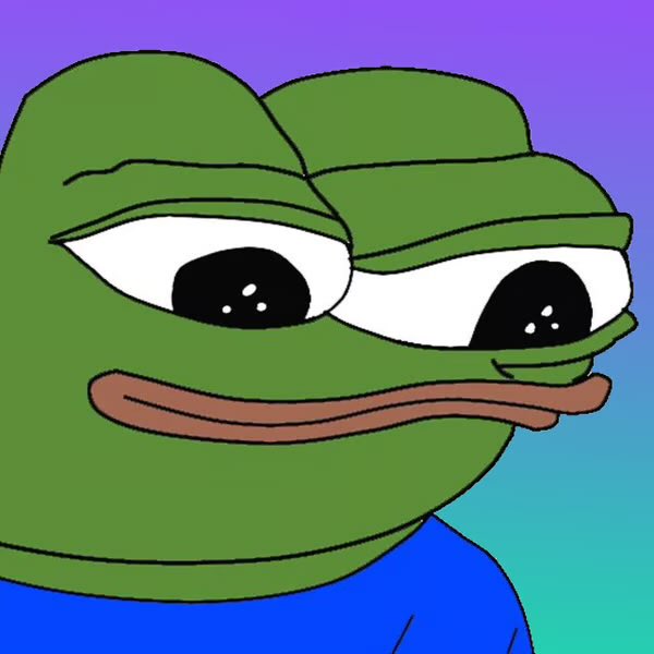 A cartoon illustration of Pepe the Frog with a smug, half-lidded expression against a gradient purple-to-blue background.