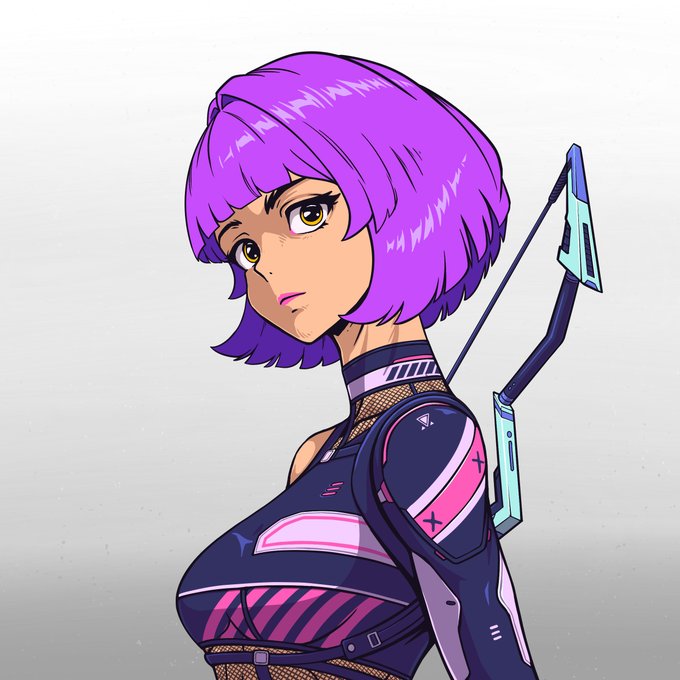 An anime-style digital illustration of a character with short purple hair wearing a dark futuristic outfit with pink accents and a weapon strapped to her back.