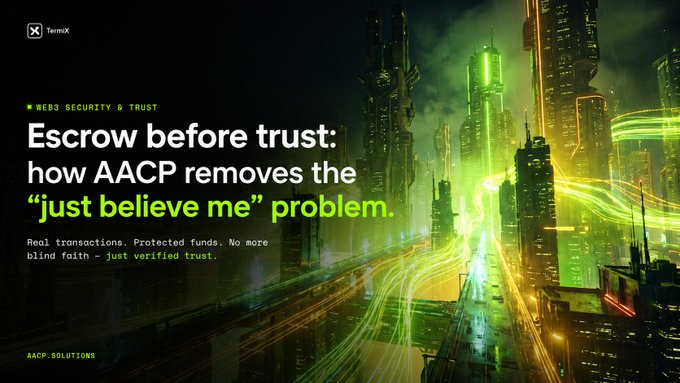 A promotional graphic titled "Escrow before trust: how AACP removes the 'just believe me' problem," featuring a futuristic neon cityscape with green and orange tones and text referencing TermX, WEB3 SECURITY & TRUST, and AACP.SOLUTIONS.