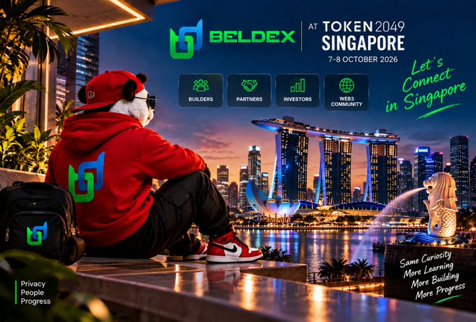 The Beldex mascot sits overlooking Singapore's iconic Marina Bay skyline, with promotional text announcing "BELDEX at TOKEN2049 SINGAPORE, 7-8 October 2026," inviting builders, partners, investors, and the Web3 community to connect. The image visually reinforces the post's theme about Beldex stepping beyond its own ecosystem to share its privacy-focused vision on a global stage.